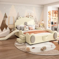 Enfant Fortuna lai Lit Enfant 140x200cm, Lit Carton avec Toboggan, Beige