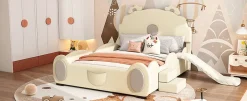 Enfant Fortuna lai Lit Enfant 140x200cm, Lit Carton avec Toboggan, Beige