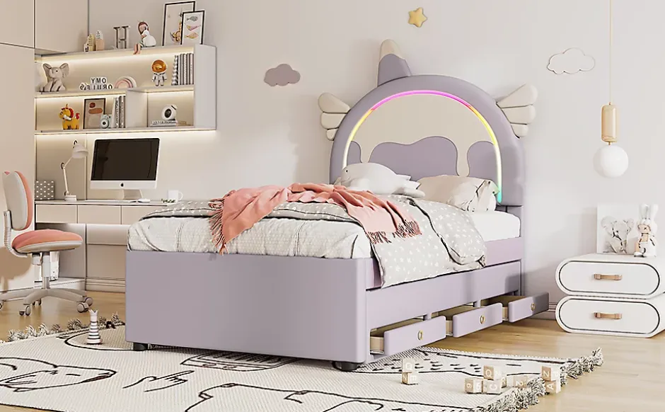 Fortuna lai Lit Enfant 90x200cm, Lit Licorne avec Lit Escamotable, Violette Discount
