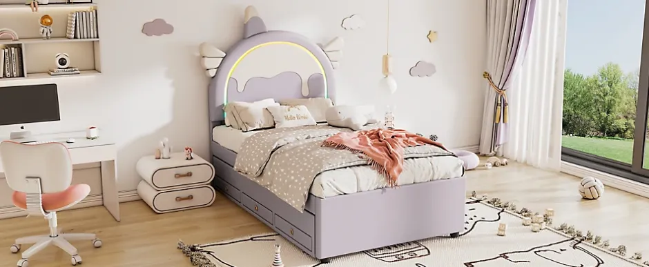 Fortuna lai Lit Enfant 90x200cm, Lit Licorne avec Lit Escamotable, Violette Discount