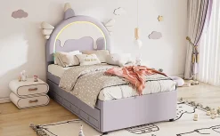 Fortuna lai Lit Enfant 90x200cm, Lit Licorne avec Lit Escamotable, Violette Discount