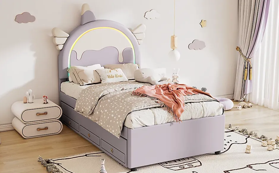 Fortuna lai Lit Enfant 90x200cm, Lit Licorne avec Lit Escamotable, Violette Discount