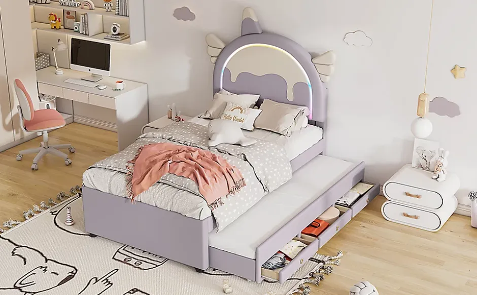 Fortuna lai Lit Enfant 90x200cm, Lit Licorne avec Lit Escamotable, Violette Discount