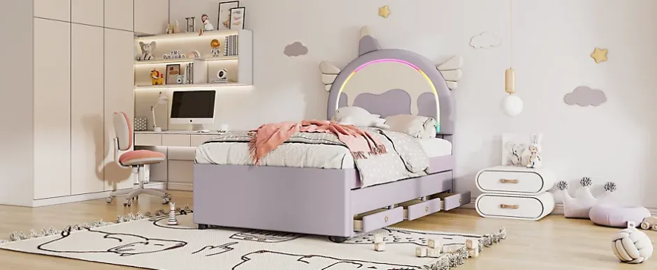 Fortuna lai Lit Enfant 90x200cm, Lit Licorne avec Lit Escamotable, Violette Discount
