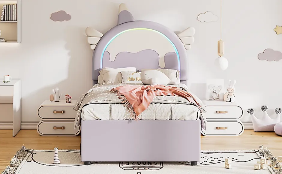 Fortuna lai Lit Enfant 90x200cm, Lit Licorne avec Lit Escamotable, Violette Discount