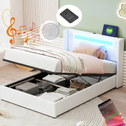 Generique Lit enfant, 90x200cm, PU, LED, USB, Bluetooth, coffre, sommier, beige