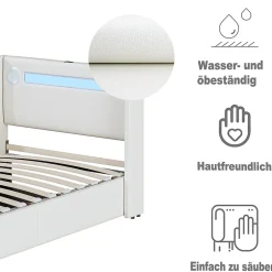 Generique Lit enfant, 90x200cm, PU, LED, USB, Bluetooth, coffre, sommier, beige