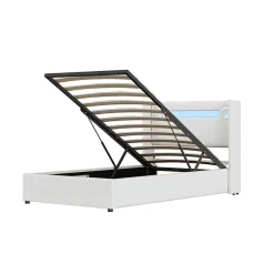 Generique Lit enfant, 90x200cm, PU, LED, USB, Bluetooth, coffre, sommier, beige