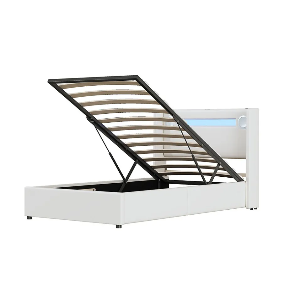 Generique Lit enfant, 90x200cm, PU, LED, USB, Bluetooth, coffre, sommier, beige