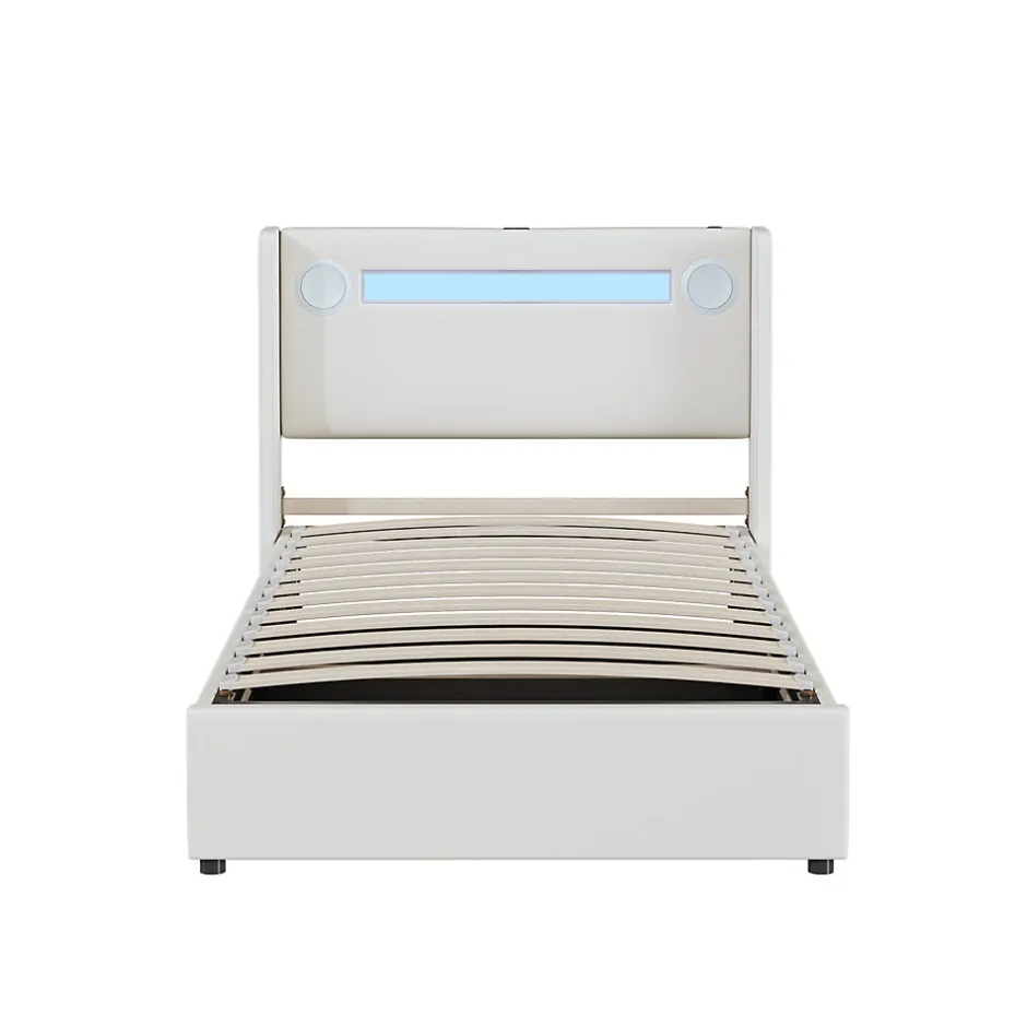 Generique Lit enfant, 90x200cm, PU, LED, USB, Bluetooth, coffre, sommier, beige