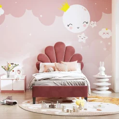 Blackcolors Lit Enfant 90x200cm Tête Fleurs Velours Rouge Haricot