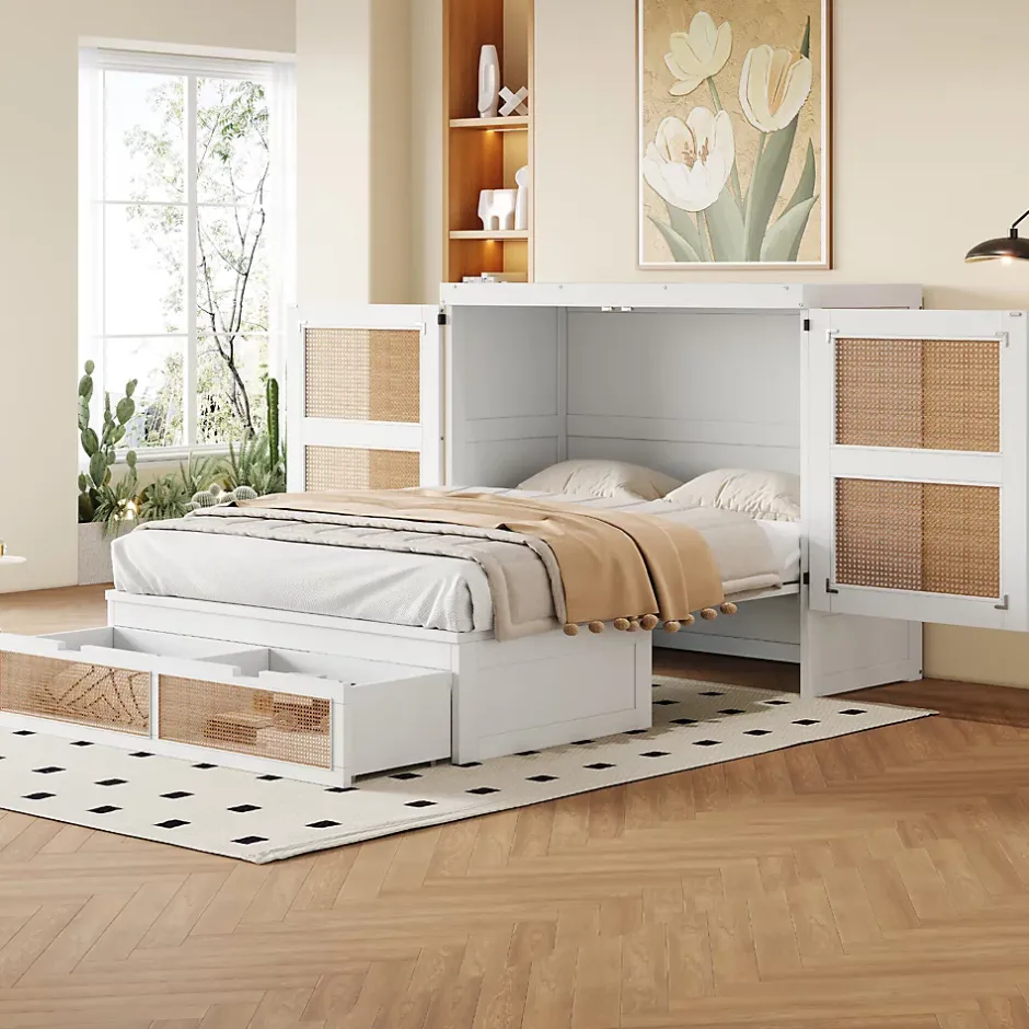 Okwish Lit Escamotable 140x200 cm - Lit Mural Vertical avec 2 Tiroirs de Rangement, Structure Bois de Pin et MDF, Sans Matelas, Blanc Online