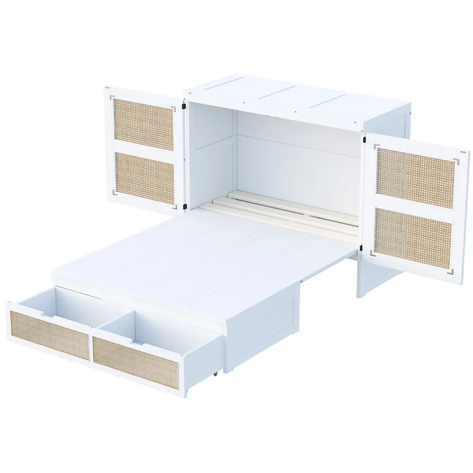 Okwish Lit Escamotable 140x200 cm - Lit Mural Vertical avec 2 Tiroirs de Rangement, Structure Bois de Pin et MDF, Sans Matelas, Blanc Online