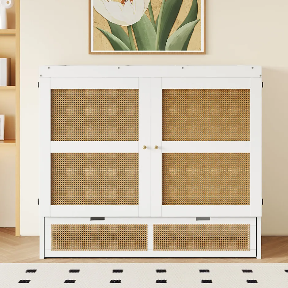 Okwish Lit Escamotable 140x200 cm - Lit Mural Vertical avec 2 Tiroirs de Rangement, Structure Bois de Pin et MDF, Sans Matelas, Blanc Online