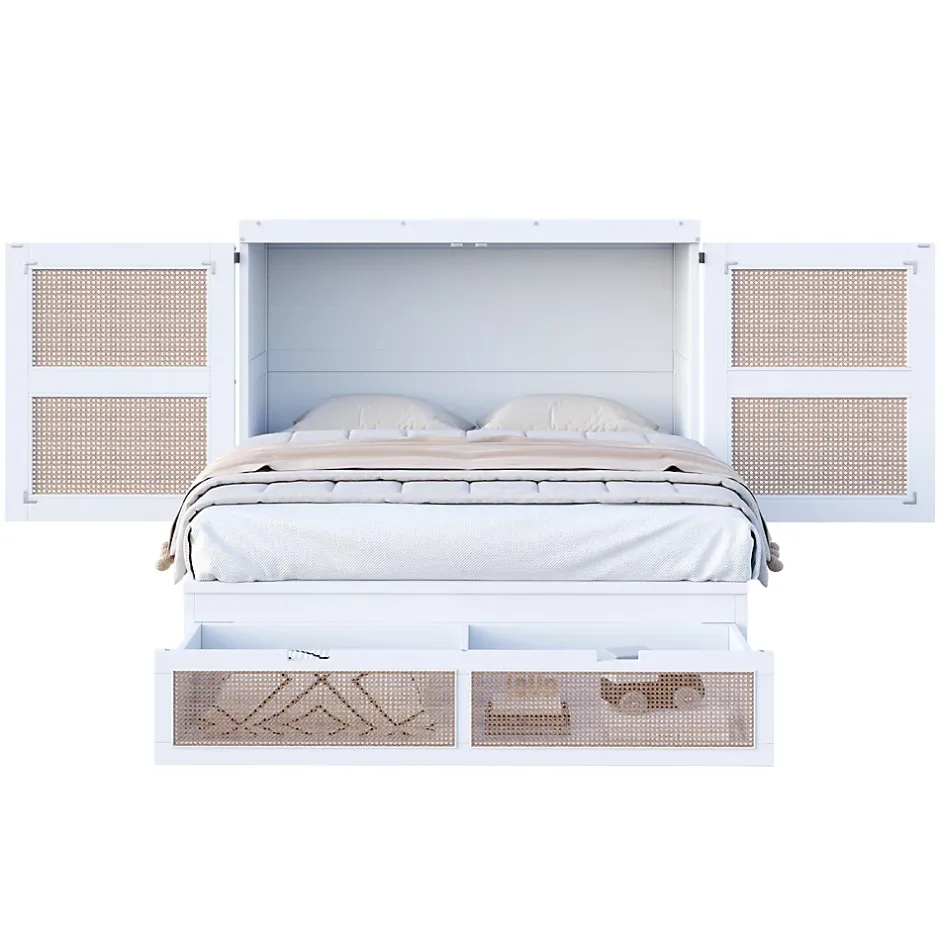 Okwish Lit Escamotable 140x200 cm - Lit Mural Vertical avec 2 Tiroirs de Rangement, Structure Bois de Pin et MDF, Sans Matelas, Blanc Online