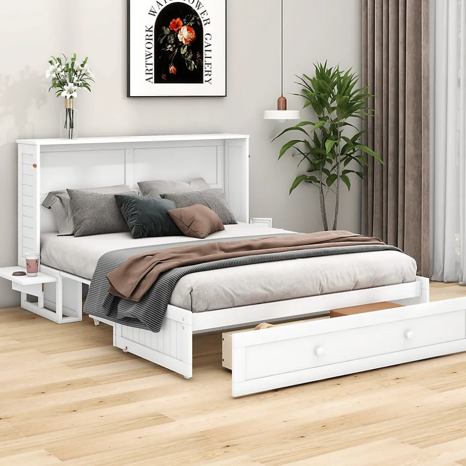 Enfant Fortuna lai Lit Escamotable 140x200cm, Avec Tiroirs, Petit Étagère, Transformable, Blanc
