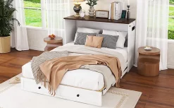 Fortuna lai Lit Escamotable 140x200cm, Tiroirs, USB, Plateforme, Sans Matelas, Blanc Best
