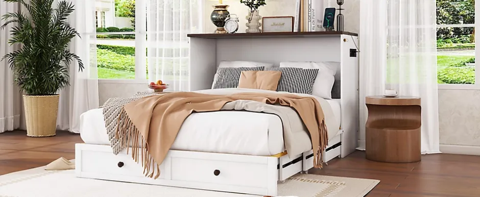 Fortuna lai Lit Escamotable 140x200cm, Tiroirs, USB, Plateforme, Sans Matelas, Blanc Best