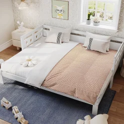 Gutent Lit extensible 90x190cm, lit de jour avec 2 places de couchage et cadre roulant, lit en forme de coeur, pin massif, blanc