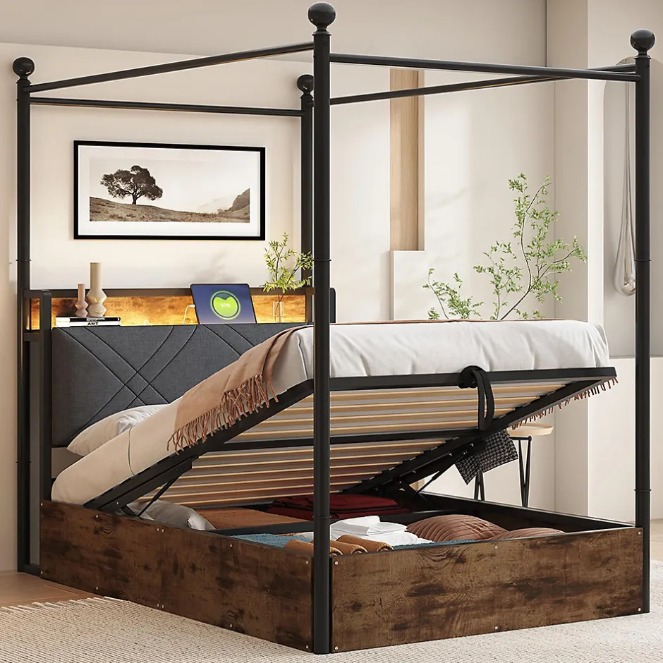 Enfant Blackcolors Lit fer forgé 90x190 cm, rangement hydraulique, baldaquin, LED/USB - noir