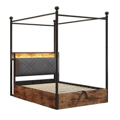 Enfant Blackcolors Lit fer forgé 90x190 cm, rangement hydraulique, baldaquin, LED/USB - noir