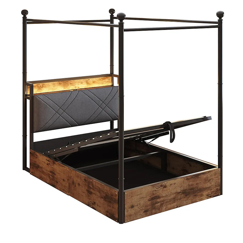 Enfant Blackcolors Lit fer forgé 90x190 cm, rangement hydraulique, baldaquin, LED/USB - noir