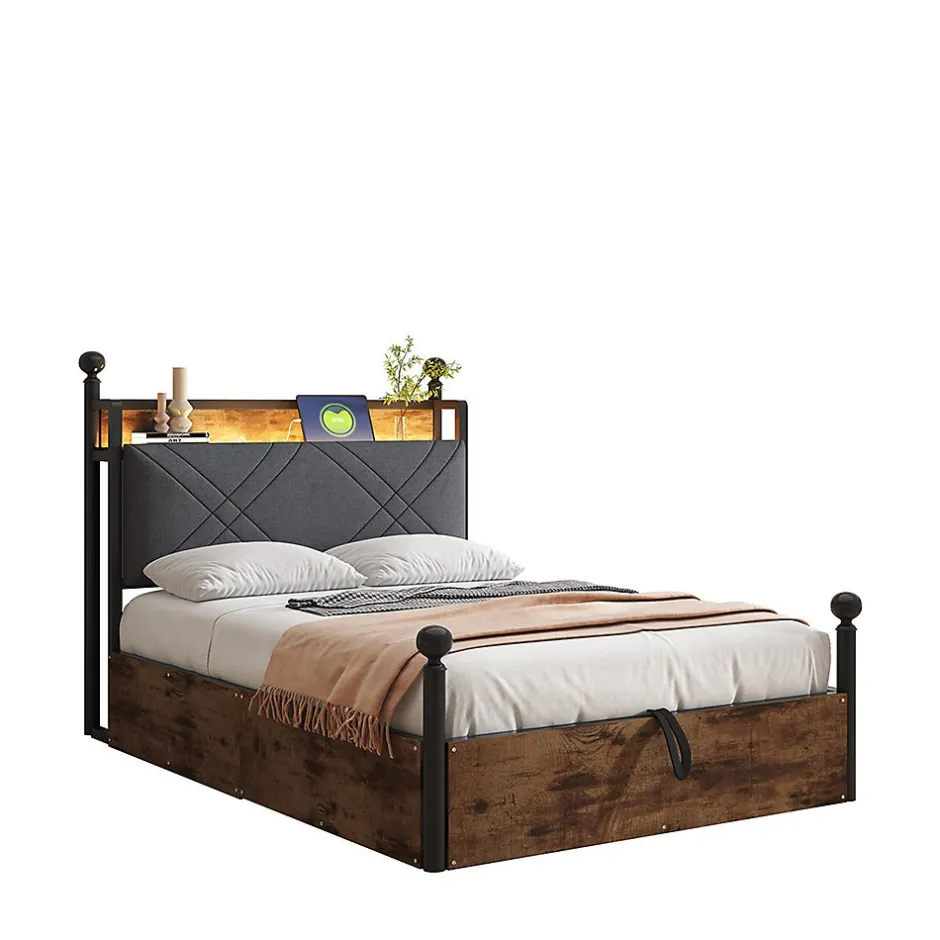 Enfant Blackcolors Lit fer forgé 90x190 cm, rangement hydraulique, baldaquin, LED/USB - noir