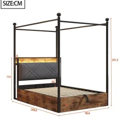 Enfant Blackcolors Lit fer forgé 90x190 cm, rangement hydraulique, baldaquin, LED/USB - noir