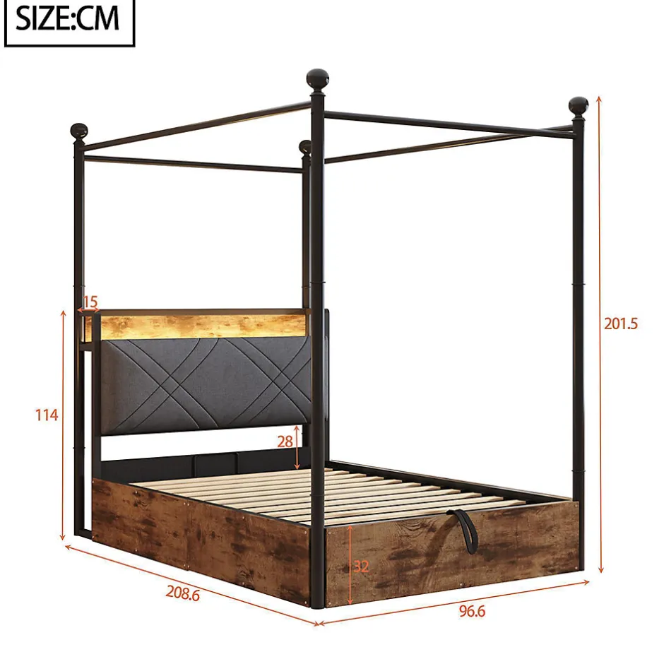 Enfant Blackcolors Lit fer forgé 90x190 cm, rangement hydraulique, baldaquin, LED/USB - noir
