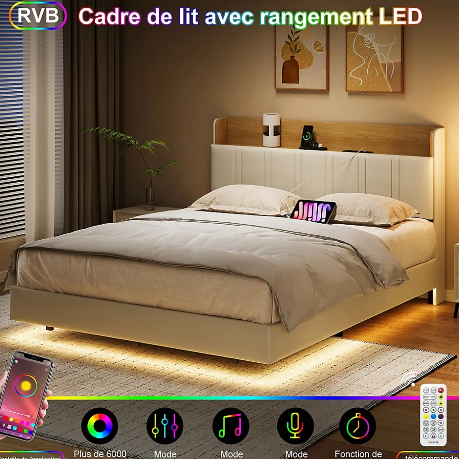 Fortuna lai Lit Flottant 140x190 Cm Avec Éclairage LED Et Chargement USB, Rangement Caché, Blanc
