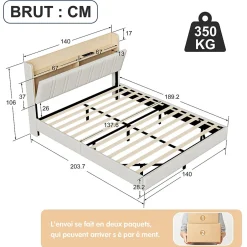 Fortuna lai Lit Flottant 140x190 Cm Avec Éclairage LED Et Chargement USB, Rangement Caché, Blanc