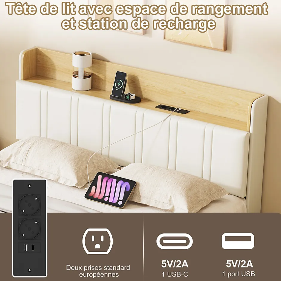 Fortuna lai Lit Flottant 140x190 Cm Avec Éclairage LED Et Chargement USB, Rangement Caché, Blanc