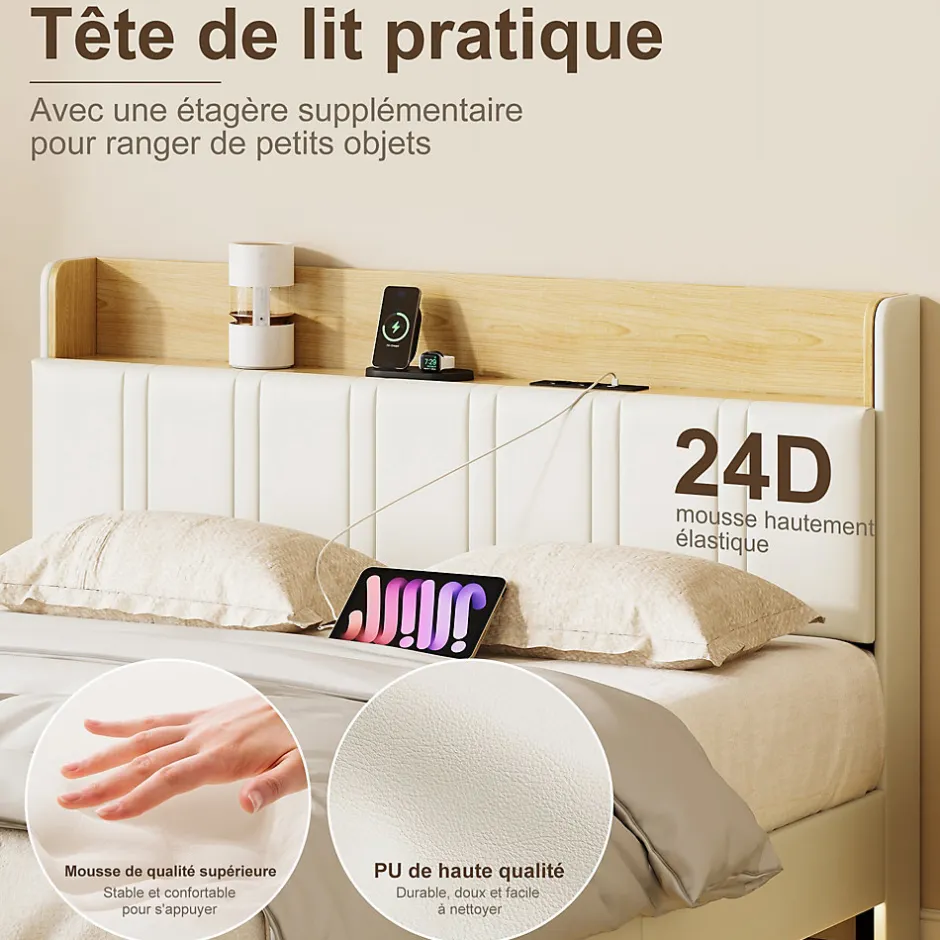Fortuna lai Lit Flottant 140x190 Cm Avec Éclairage LED Et Chargement USB, Rangement Caché, Blanc