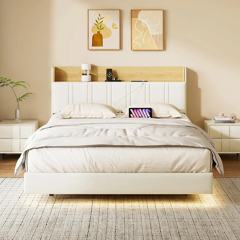 Fortuna lai Lit Flottant 140x190 Cm Avec Éclairage LED Et Chargement USB, Rangement Caché, Blanc