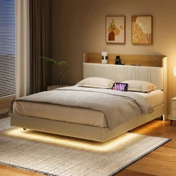 Fortuna lai Lit Flottant 140x190 Cm Avec Éclairage LED Et Chargement USB, Rangement Caché, Blanc