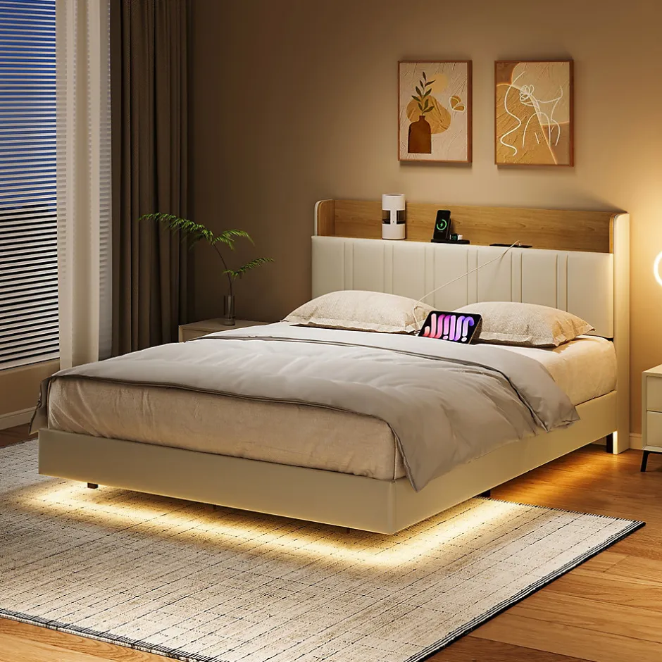 Fortuna lai Lit Flottant 140x190 Cm Avec Éclairage LED Et Chargement USB, Rangement Caché, Blanc