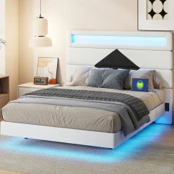 ProximaX Lit flottant 140x190 cm avec LED, 2 ports USB, cadre avec sommier à lattes, tête de lit, pour 2 personnes, blanc et noir