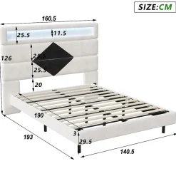 ProximaX Lit flottant 140x190 cm avec LED, 2 ports USB, cadre avec sommier à lattes, tête de lit, pour 2 personnes, blanc et noir