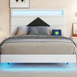 ProximaX Lit flottant 140x190 cm avec LED, 2 ports USB, cadre avec sommier à lattes, tête de lit, pour 2 personnes, blanc et noir