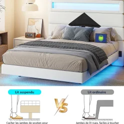 ProximaX Lit flottant 140x190 cm avec LED, 2 ports USB, cadre avec sommier à lattes, tête de lit, pour 2 personnes, blanc et noir