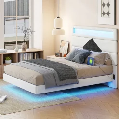 ProximaX Lit flottant 140x190 cm avec LED et 2 ports USB, cadre avec sommier à lattes, tête de lit incluse, design blanc et noir