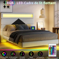 ProximaX Lit flottant 140x190 cm avec LED et 2 ports USB, cadre avec sommier à lattes, tête de lit incluse, design blanc et noir