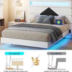 ProximaX Lit flottant 140x190 cm avec LED et 2 ports USB, cadre avec sommier à lattes, tête de lit incluse, design blanc et noir