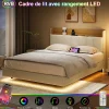 ProximaX Lit flottant 140x200 cm blanc PU + bois clair, rangement tiroir, éclairage LED sous lit, double port USB, poche latérale