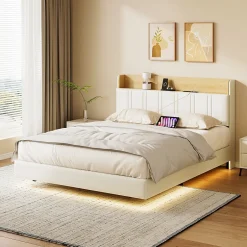 ProximaX Lit flottant 140x200 cm blanc PU + bois clair, rangement tiroir, éclairage LED sous lit, double port USB, poche latérale