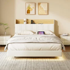 ProximaX Lit flottant 140x200 cm blanc PU + bois clair, rangement tiroir, éclairage LED sous lit, double port USB, poche latérale