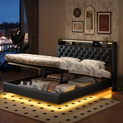 Simple Life Lit flottant 160x200 cm en polyuréthane avec LED tête et corps, rangement tête de lit rembourrée, prise EU, design moderne.