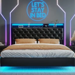 Simple Life Lit flottant 160x200 cm en polyuréthane avec LED tête et corps, rangement tête de lit rembourrée, prise EU, design moderne.