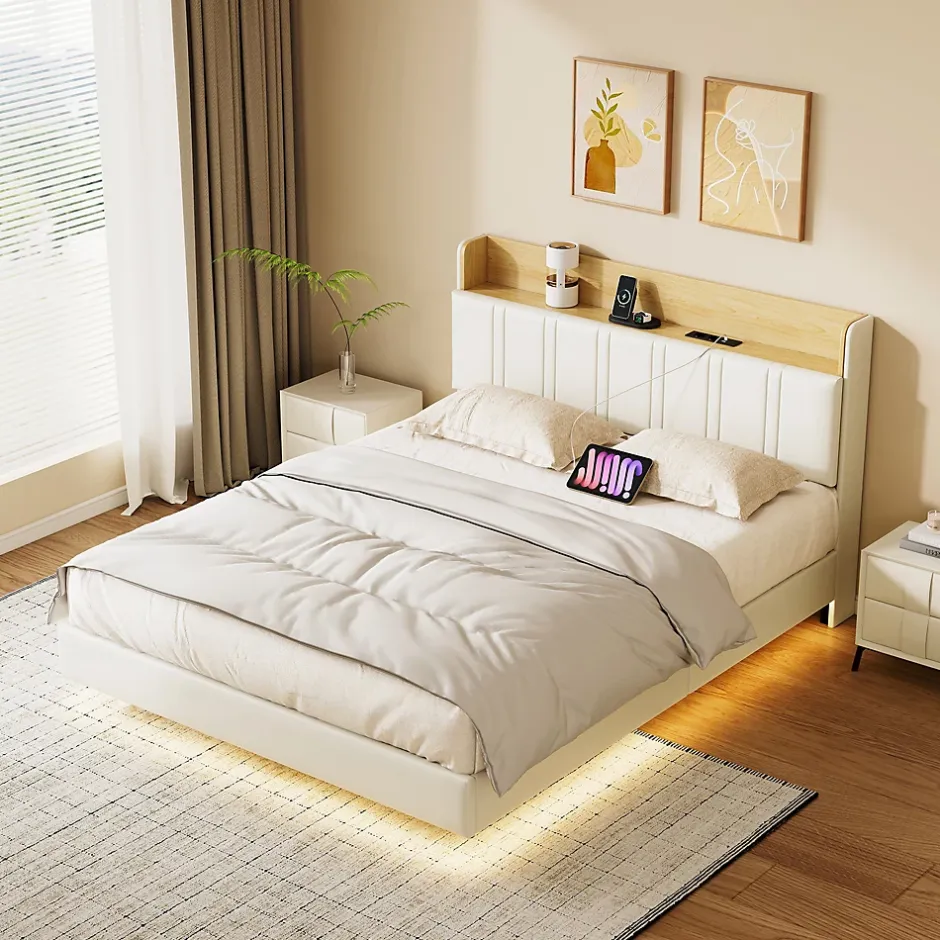 Simple Life Lit flottant 140x190 cm, rembourré, LED, USB, PU, Blanc Online