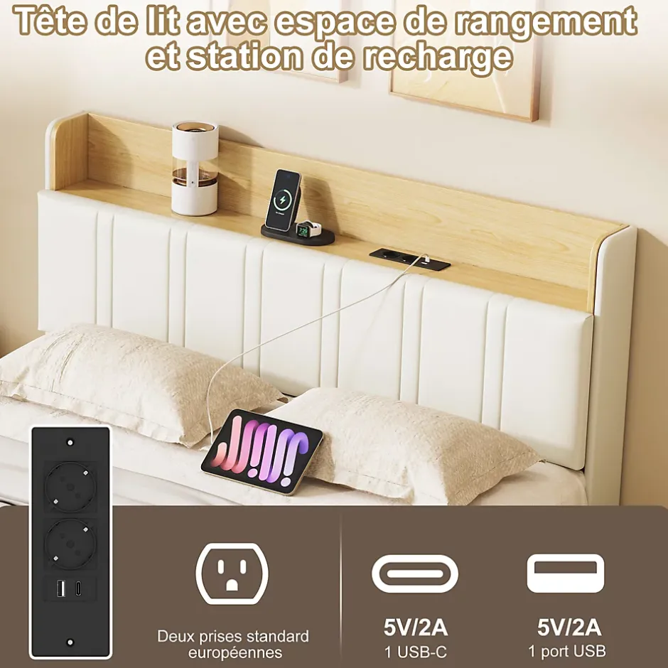 Simple Life Lit flottant 140x190 cm, rembourré, LED, USB, PU, Blanc Online